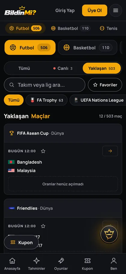 BildinMi spor ekranının Android görünümü